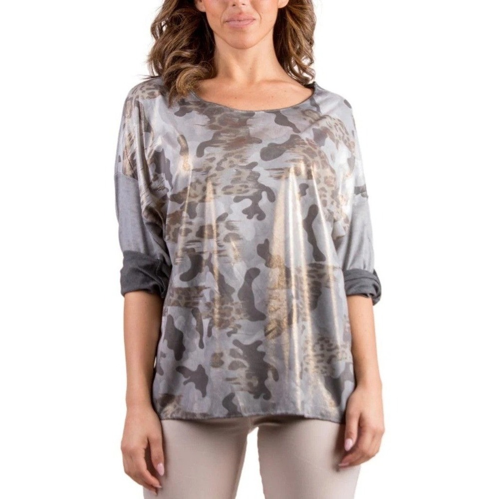 Gigi Moda Di Svago Made in Italy Metallic Long Sleeve Roll Tab Womens Blouse L